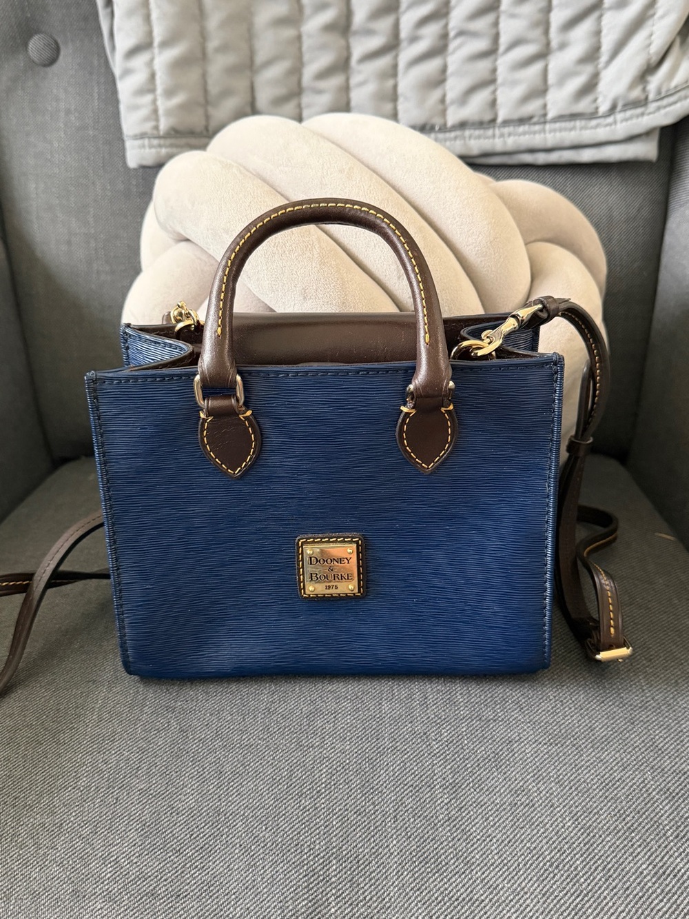Dooney & Bourke Navy Blue Mini Saffiano Satchel with Brown Trim